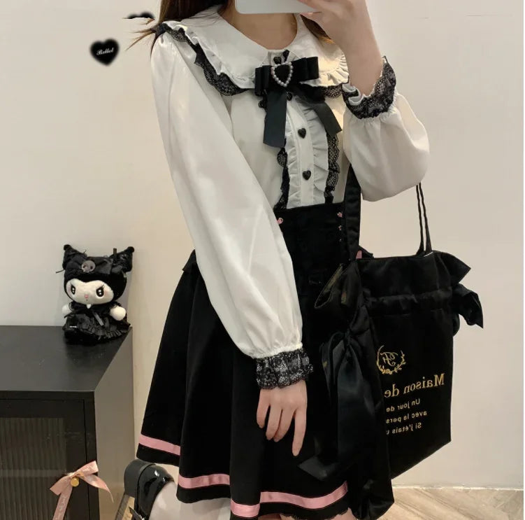 🍒Lace design crop top women's short blouses Y2k fashion bow ruffle shirt feminine fashion smart casual clothing Perfect Partying Peter Pans