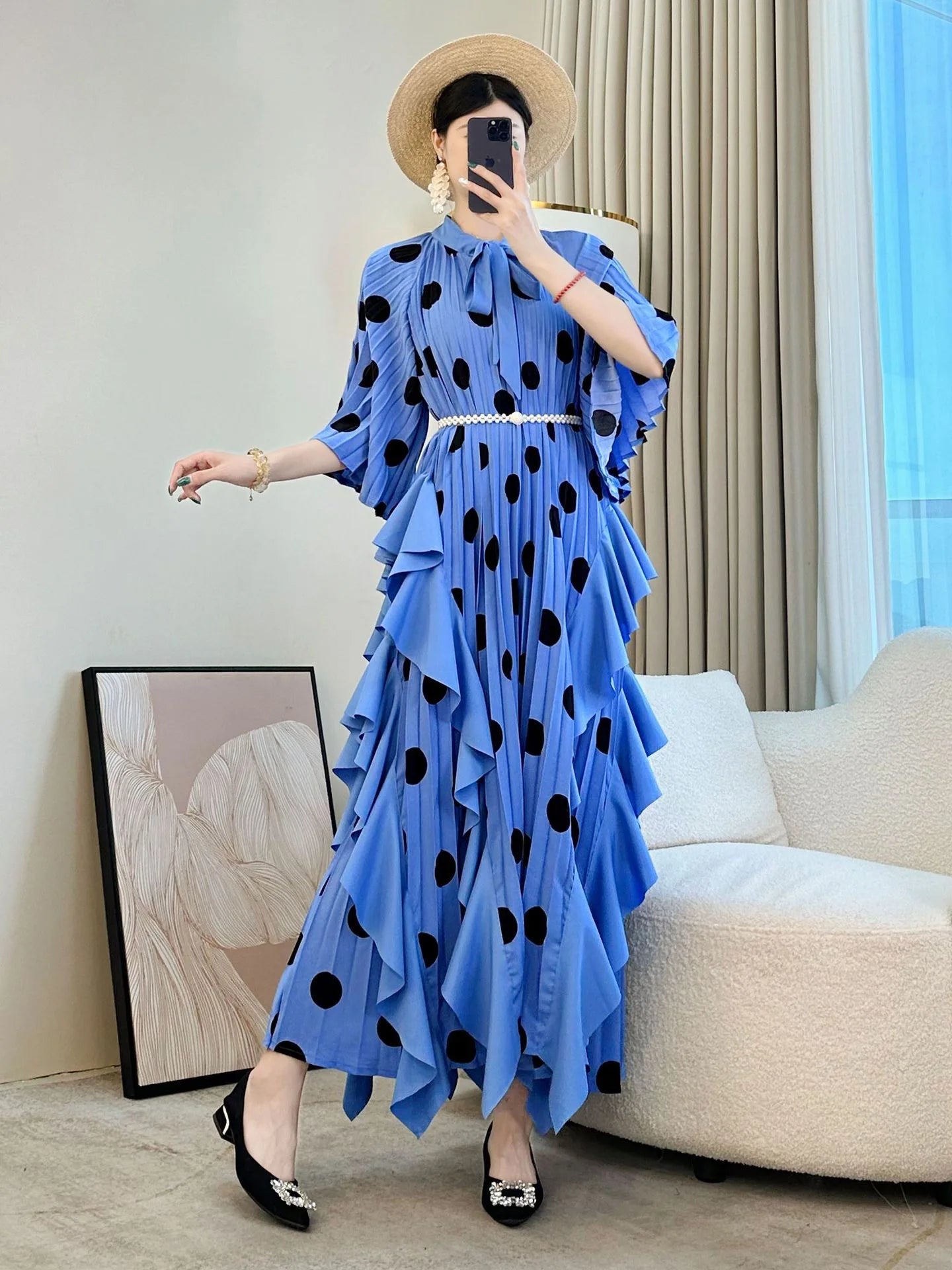 🍒 Dress with polka dots simple pleats and ruffled edges summer outfit looks long loose fit smart primted casual wear loose Fit clothing and Slimming Effect  party occasion clothing Lucky You Spotted this Spot