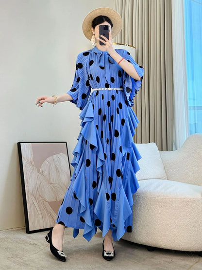 🍒 Dress with polka dots simple pleats and ruffled edges summer outfit looks long loose fit smart primted casual wear loose Fit clothing and Slimming Effect  party occasion clothing Lucky You Spotted this Spot