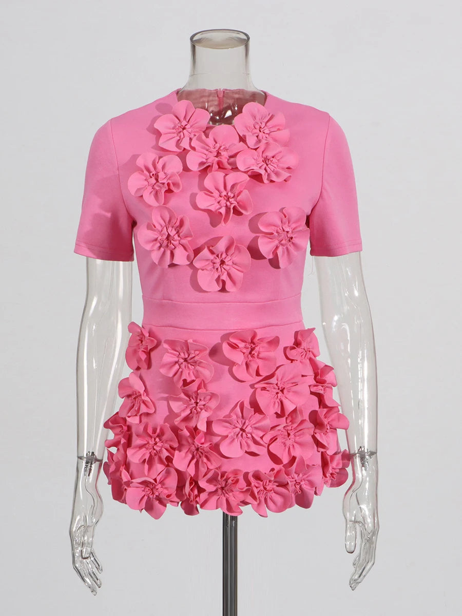 🍒Solid 3D flower two piece set applique outfits for women o-neck short sleeve top and high waist skirt sets feminine clothing fashion wear Blamange in Beauty