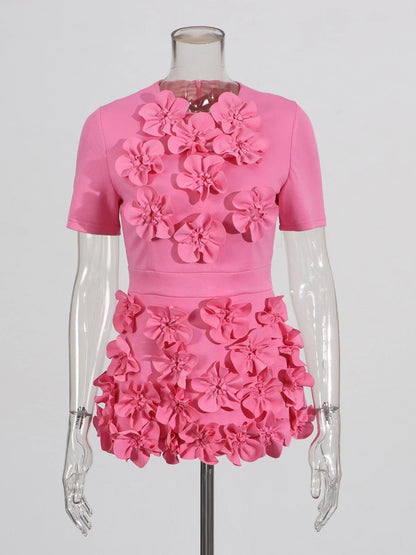 🍒Solid 3D flower two piece set applique outfits for women o-neck short sleeve top and high waist skirt sets feminine clothing fashion wear Blamange in Beauty