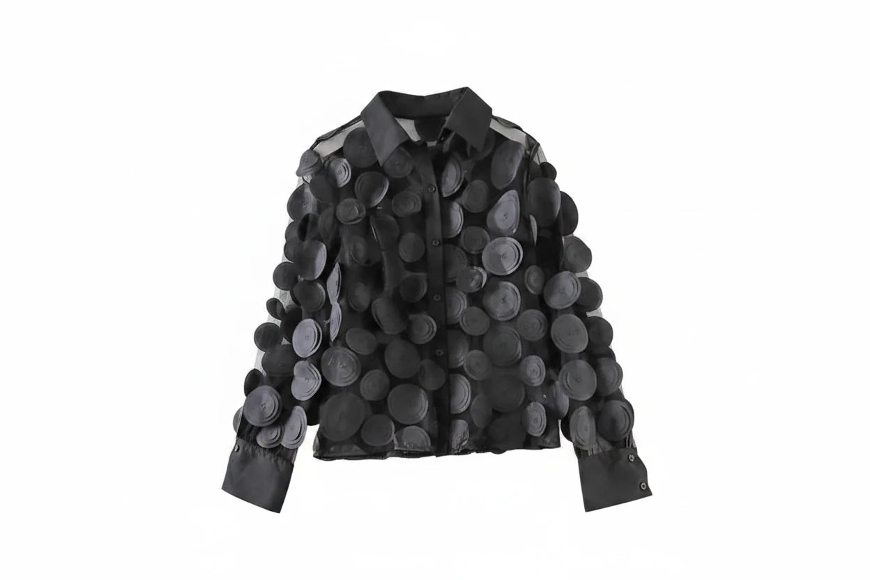 🍒Elegant french blouse 3D foral semi sheer mesh shirt top women lantern sleeve blouses summer Pick A Peach Or Two