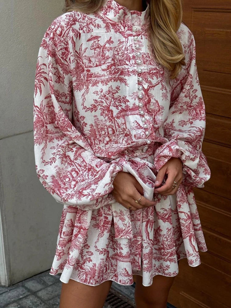 🍒Printed mini dress long sleeve clothes for hot weather o-neck outfit a line flare short china print smart casual female clothes fashion beach party wear holiday wear  Drink Cocktails In Your China