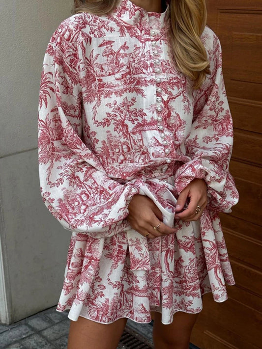 🍒Printed mini dress long sleeve clothes for hot weather o-neck outfit a line flare short china print smart casual female clothes fashion beach party wear holiday wear  Drink Cocktails In Your China