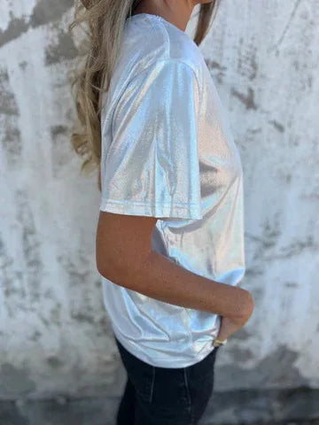 🍒Metalic loose top shiny short sleeve tee womens special occasion tops gold t-shirt o-neck fashion smart casual ladies clothes  Top 'Talic Tee