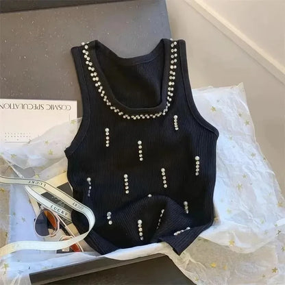 🍒Womens vest top design heavy beads diamonds Ice silk knitted camisole top undershirt vest for Summer casual clothes Put Some Sole in Your Cami's
