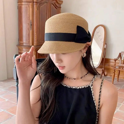 🍒Hat with bow grass straw hat woven cap duckbill hat women sun protection cap for summer outdoor hat fashion DUCK Big Hat  BILLs