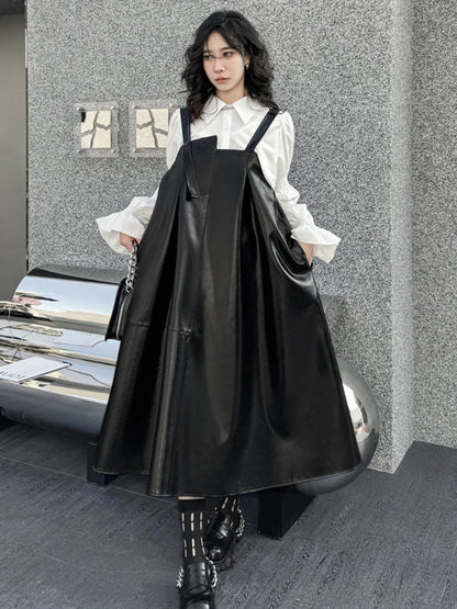 🍒Black faux leather dress big swing size midi spaghetti strap square neck outfit pu shiny with seeveless occasion party wear clothing smart casual women Black Swirly Pearl