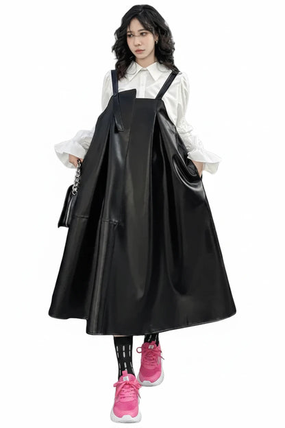 🍒Black faux leather dress big swing size midi spaghetti strap square neck outfit pu shiny with seeveless occasion party wear clothing smart casual women Black Swirly Pearl