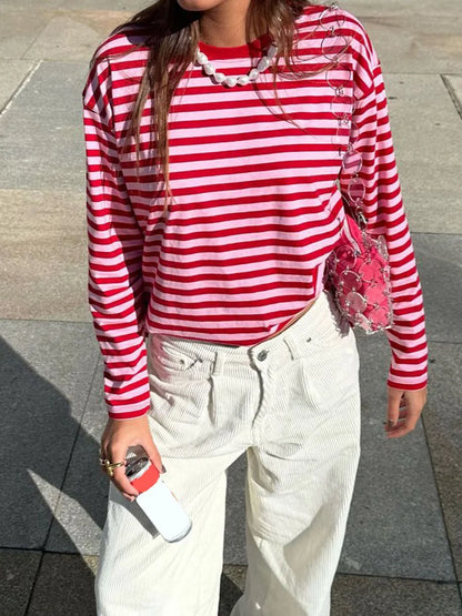 🍒Striped tops for women Y2k fashion long sleeve tops red and pink t-shirt vintage tee all season clothes casual Get Tipsey In Red Stripes