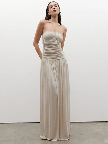 🍒Backless bandeau dress pleated maxi dress women fashion backless sleeveless high waist ruched long dress elegant Wine And Dine In Wine