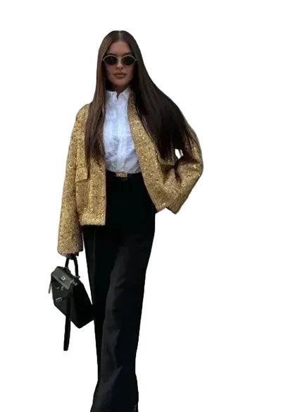 🍒Sequin bomber Jacket women Y2k gold Colour stand collar short coat long sleeve  spring fashion high Streetwear occasion wear smart casual clothing for women  Spring Into Shimmer