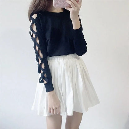 🍒Knitwear top for women Female spring autumn clothes women's long sleeve black top  chic t-shirt with sleeve design
