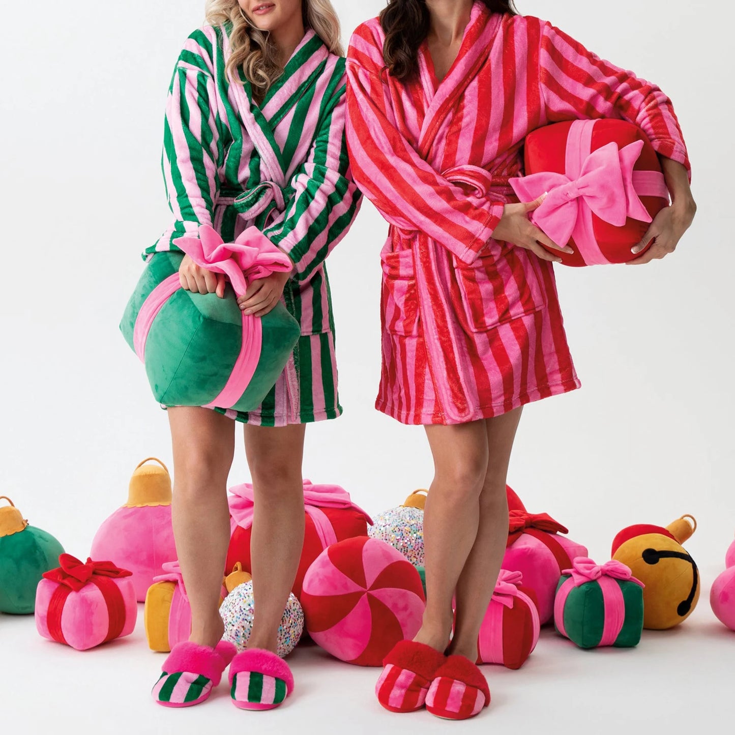 🍒Warm flannel robe for women winter plush sleepwear long sleeve lapel dressing gown with Tie beltStripe Heart Candy Triangle Prints Bathrobe Kimono Robe Wrap Up Christmas