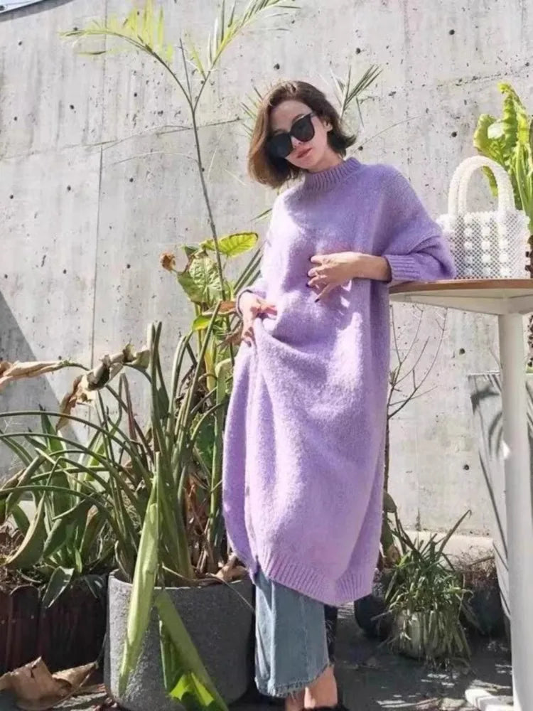 🍒 Round neck sweater dress winter woollen dresses plus size maxi outfit thick and loose oversize fashion clothing casual wear women No Sweat Sweater Dress