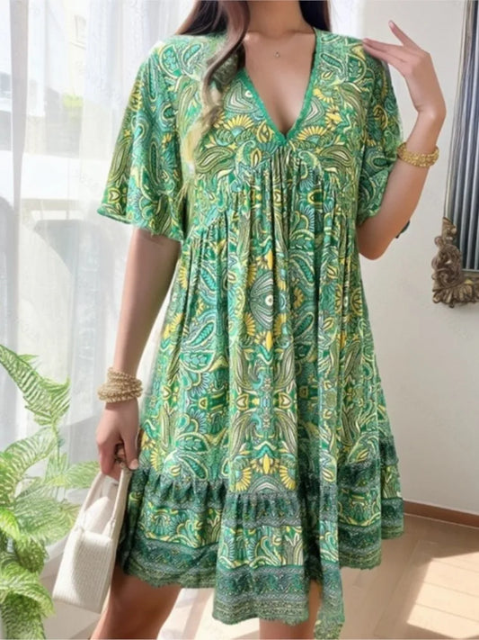 🍒Summer boho floral dress printed outfit for women fashion outfit v-neck short sleeve holiday wear casual loose clothing beach wear Boho Beau Boo
