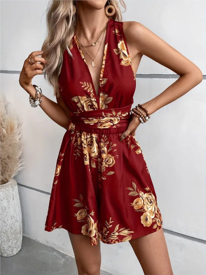 🍒Printed playsuit for women cross back jumpsuit multicolor summer fashion v-neck outfits loose party wear club wear Xstrodinary Florals