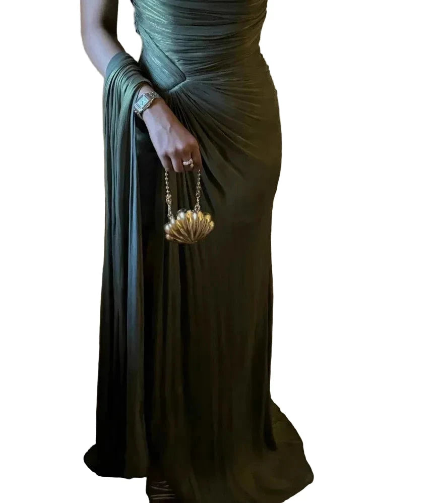 🍒Pleated bodice evening dress with one shoulder occasion party wear shiny evening wear maxi dress with pleats ComPLEATly Perfect