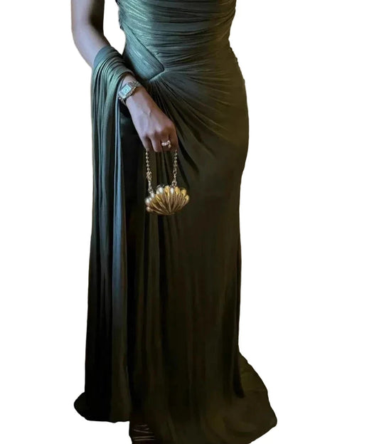 🍒Pleated bodice evening dress with one shoulder occasion party wear shiny evening wear maxi dress with pleats ComPLEATly Perfect