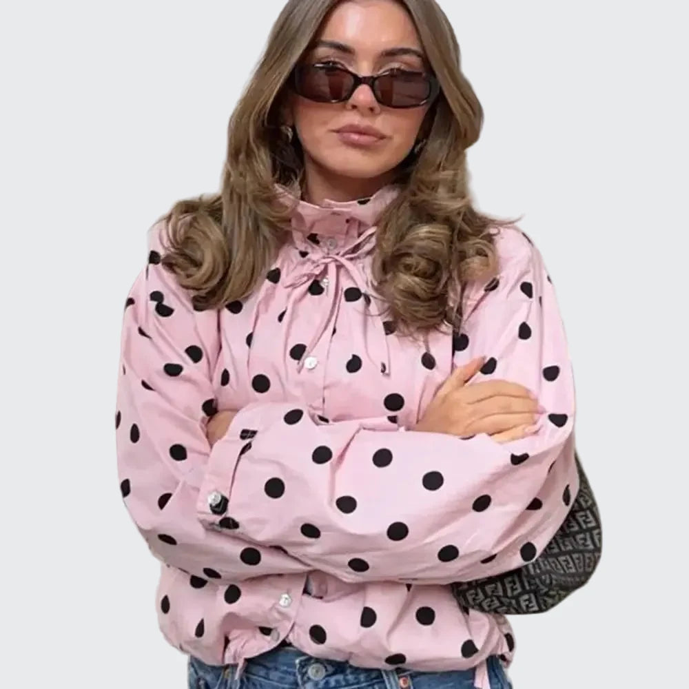 🍒Polka dot fashion pink Jackets spring/summer clothing printed loose cover up jacket top with stand collar chic casual clothing with drawstring detail  Bring Spring Sweet Thing