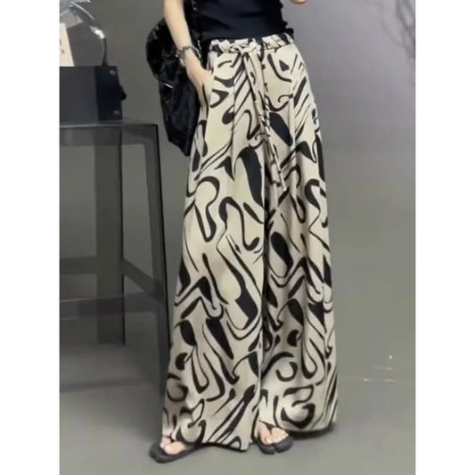 🍒Black and white trousers printed for women loose fitting summer clothes wide leg pants with drawstring smart casual wear