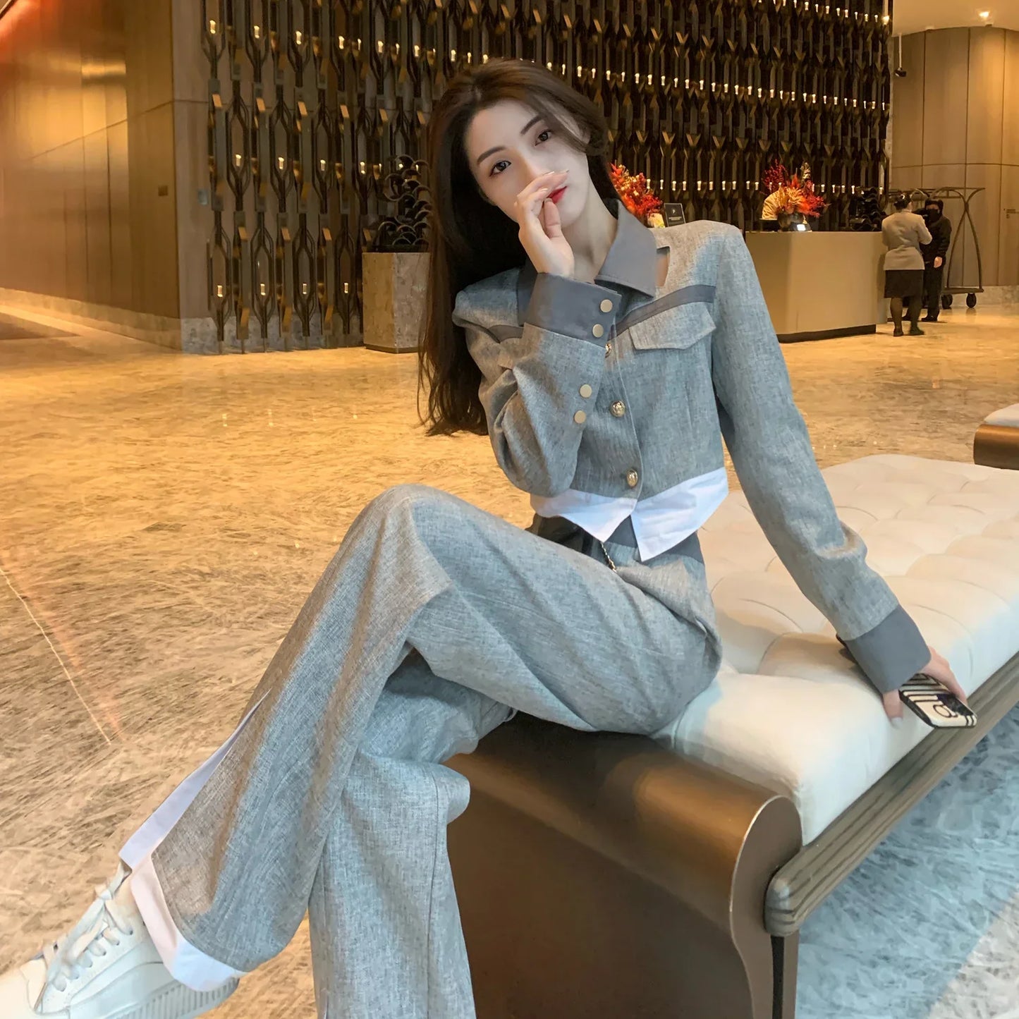 🍒Pants woman office wear and top 2 piece sets for women smart casual clothing suits spring autumn wear Everbody Suits Grey