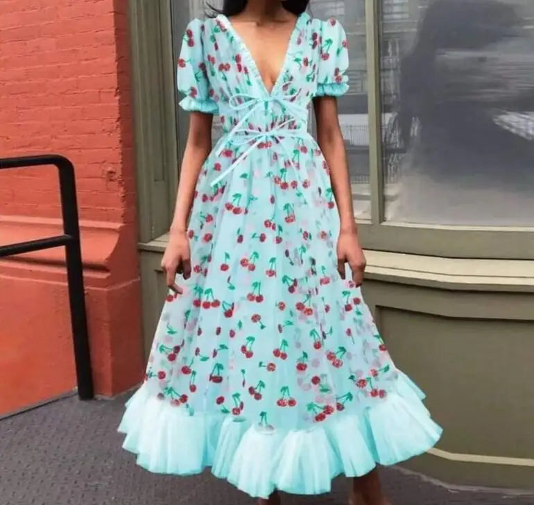 🍒Summer fashion v-neck short sleeved midi dress mesh fabric strawberry outfit fitted at waist smart casual clothing women BERRY exSTRAW-ordinary