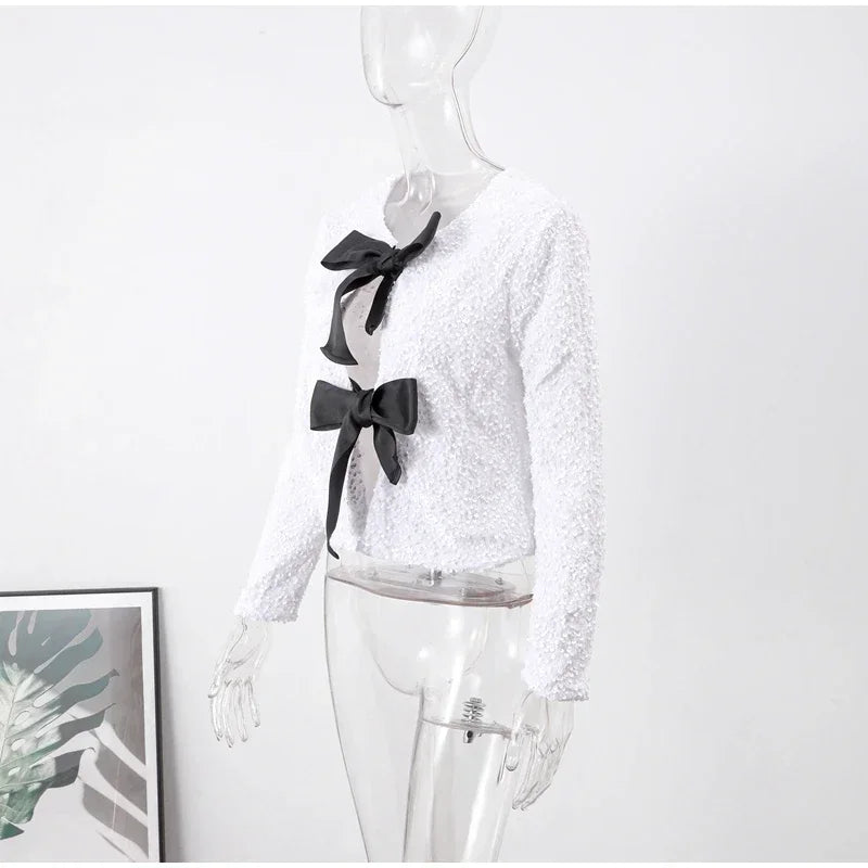 🍒Bow tie sequin dress for women long sleeve shiny mini dress female chic backless evening party dress with back bow crop sequin jacket long sleeve with satin bow front  occasion party wear