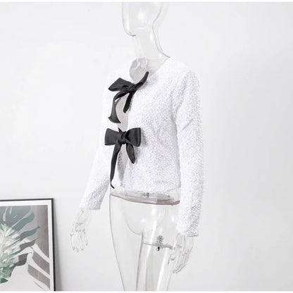 🍒Bow tie sequin dress for women long sleeve shiny mini dress female chic backless evening party dress with back bow crop sequin jacket long sleeve with satin bow front  occasion party wear