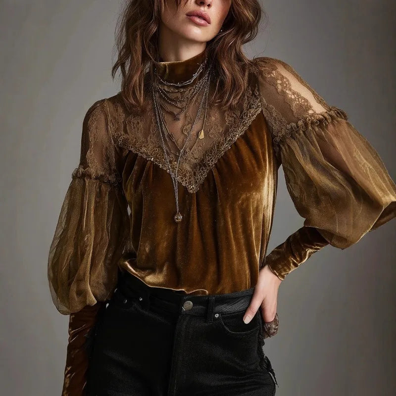 🍒Velvet shirt for women fashion long-sleeve turtleneck chiffon top vintage blouses for ladies retro puff sleeves mesh tops occassion partywear clothimg CHIFFON To Vint-ricate Vibing VELVET