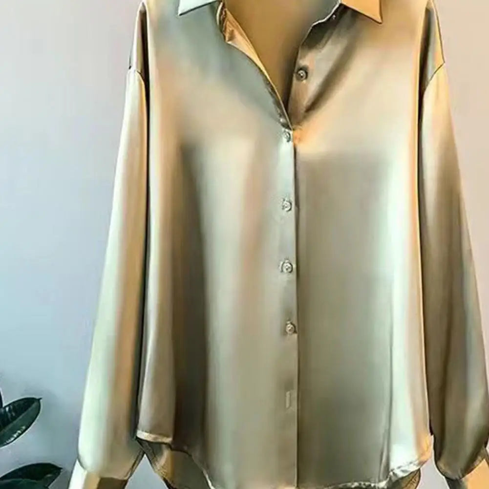 🍒Satin shirt women fashion smooth fabric versatile collar shirt elegant casual loose office long sleeves tops party evening wear party wear Super Sensual Satin