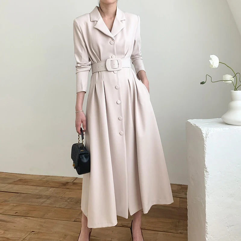 🍒Style blazer dress long sleeve single breasted clothes women light wind coat temperament slim waist long belt outfit Lovely Lapel Look