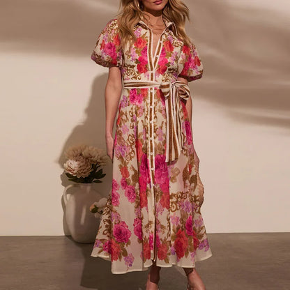 🍒Floral Print Bohemian dress summer party chic outfit button up womens evening party wear Long maxi outfits elegant single breasted shirts dress