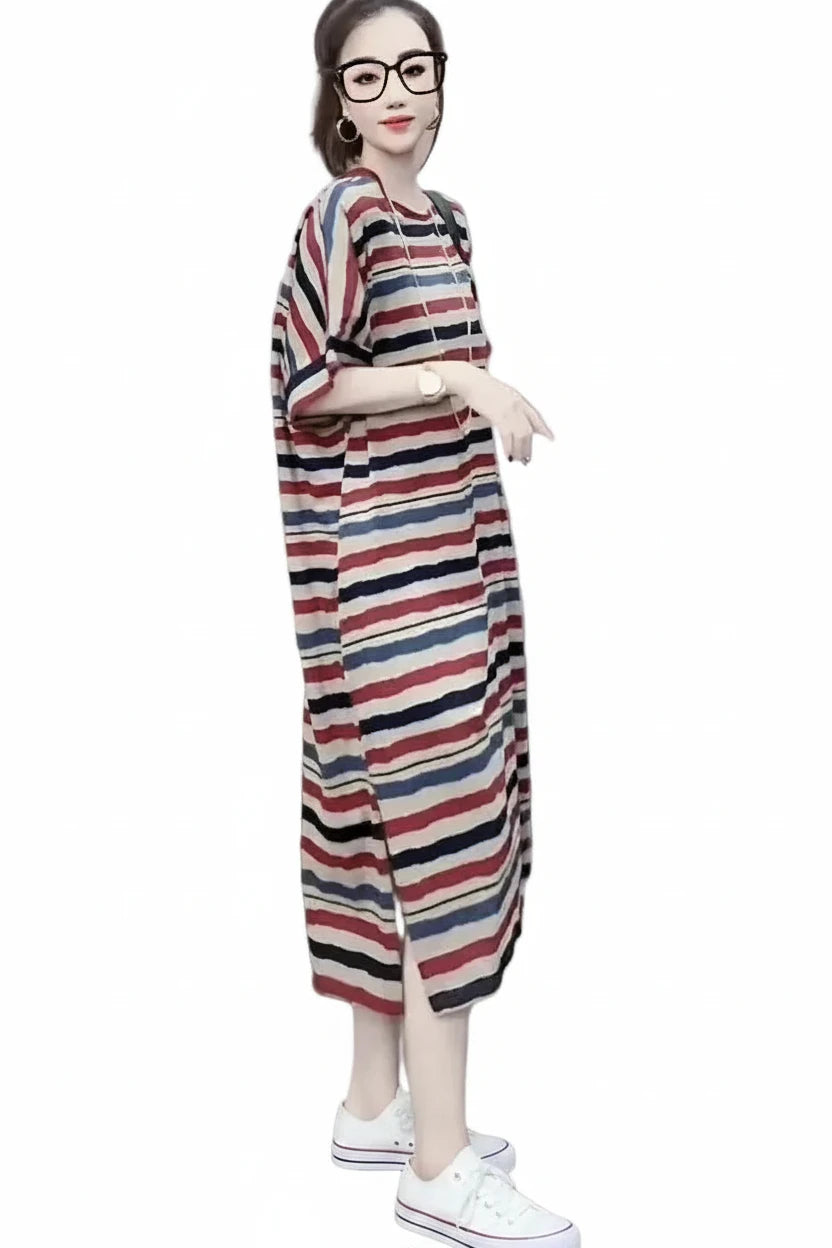 🍒Striped t-shirt dress A- line knee length outfit plus size slimming clothes for plus size women spring summer fashion   Stripe A- Pose