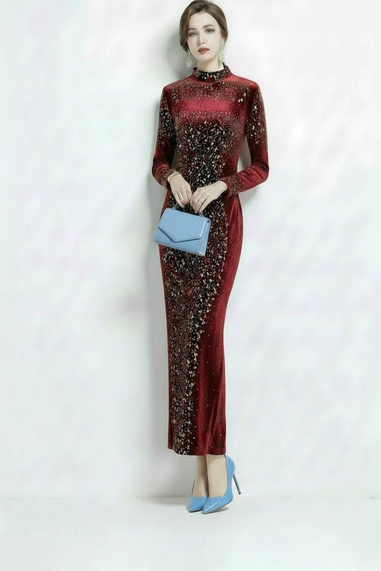 🍒Bodycon o-neck long sleeve dress glitter rhinestone outfit velvet chic vintage style clothing chic autumn fall fashion party occasion wear Get Wine Stoned