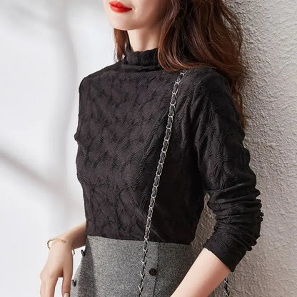 🍒 Long sleeve top textured turtle neck knitted shirt for women with sleeves chic sryle clothing Yk2  fashion smart casual clothes