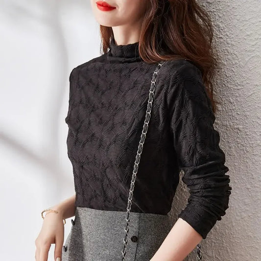 🍒 Long sleeve top textured turtle neck knitted shirt for women with sleeves chic sryle clothing Yk2  fashion smart casual clothes