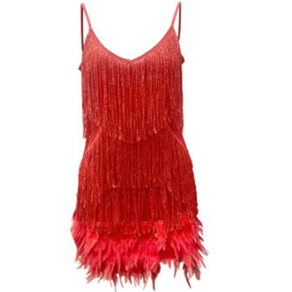 🍒Fringed mini dress backless short sphaghetti straps with feathers for Women Sequin wedding guest outfit v-neck party wear occasion clothing Feel LIGHT-hearted in FEATHERS