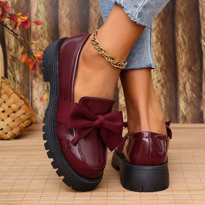 🍒Bow shoes for women's smart casual platform loafers fashion wine red patent leather footwear comfort slip on flat pumps plus size available Bob Along Bows