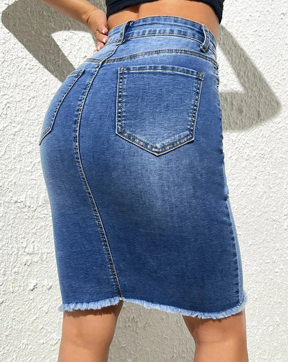 🍒 Denim knee mid length Skirt slim fit high waist solid casual women's fashion regular elegant raw hem bodycon button and Pocketed female Summer clothes Denim Day Doer