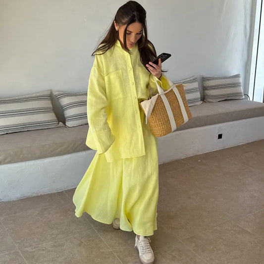 🍒Two piece women's clothing sets summer wear turn-down collar shirt full sleeve top plus draped long skirt outfit maxi female fashion relaxed smart casual clothing Lime In Your Lemon