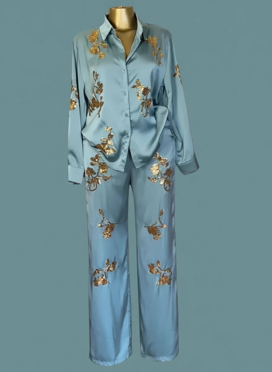 🍒Sequin two piece set long sleeve shirt top with elasticated waist party trousers smart casual clothing occasion outfit for women holiday vacation clothes for beach party Suitable Satin