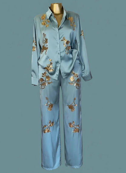 🍒Sequin two piece set long sleeve shirt top with elasticated waist party trousers smart casual clothing occasion outfit for women holiday vacation clothes for beach party Suitable Satin