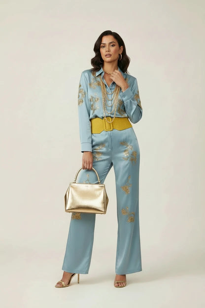 🍒Sequin two piece set long sleeve shirt top with elasticated waist party trousers smart casual clothing occasion outfit for women holiday vacation clothes for beach party Suitable Satin