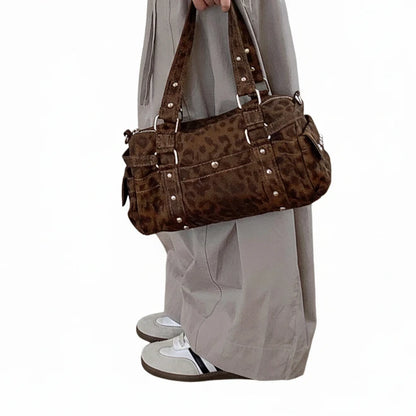 🍒Vintage leopard handbag rivet bag motorcycle barrel shaped crossbody bag boston casual female shoulder fashion totes  Jump On This Animal Its Barrels Of Fun
