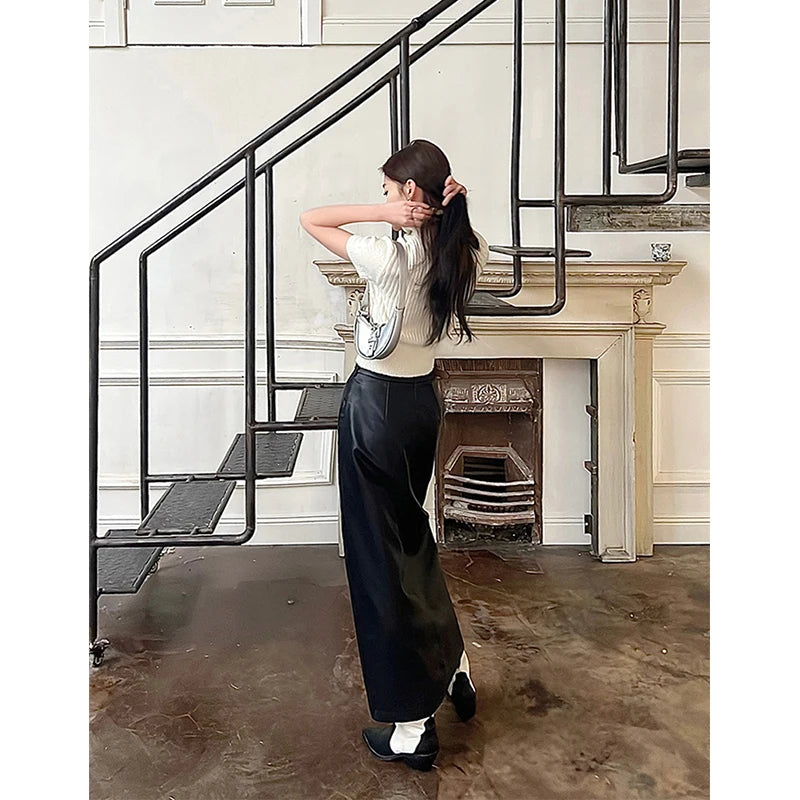 🍒Vintage faux leather skirt for women high waisted black maxi skirt with slits Y2K fashion split slim a-line  Dont Slip Up On Style Get This Split Slim Slick