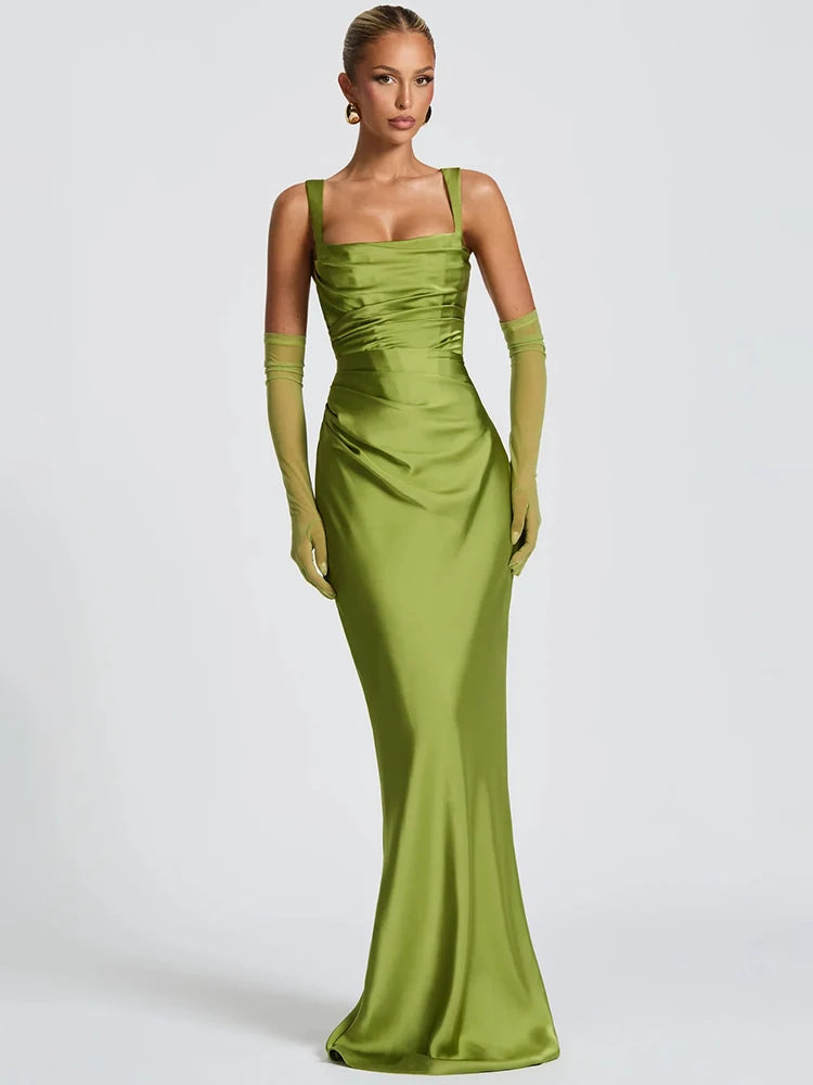 🍒Satin backless sleeveless long dress satin maxi outfits for women spaghetti straps lace-up back bodycon club wear party occasion clothing  Kool kiwi