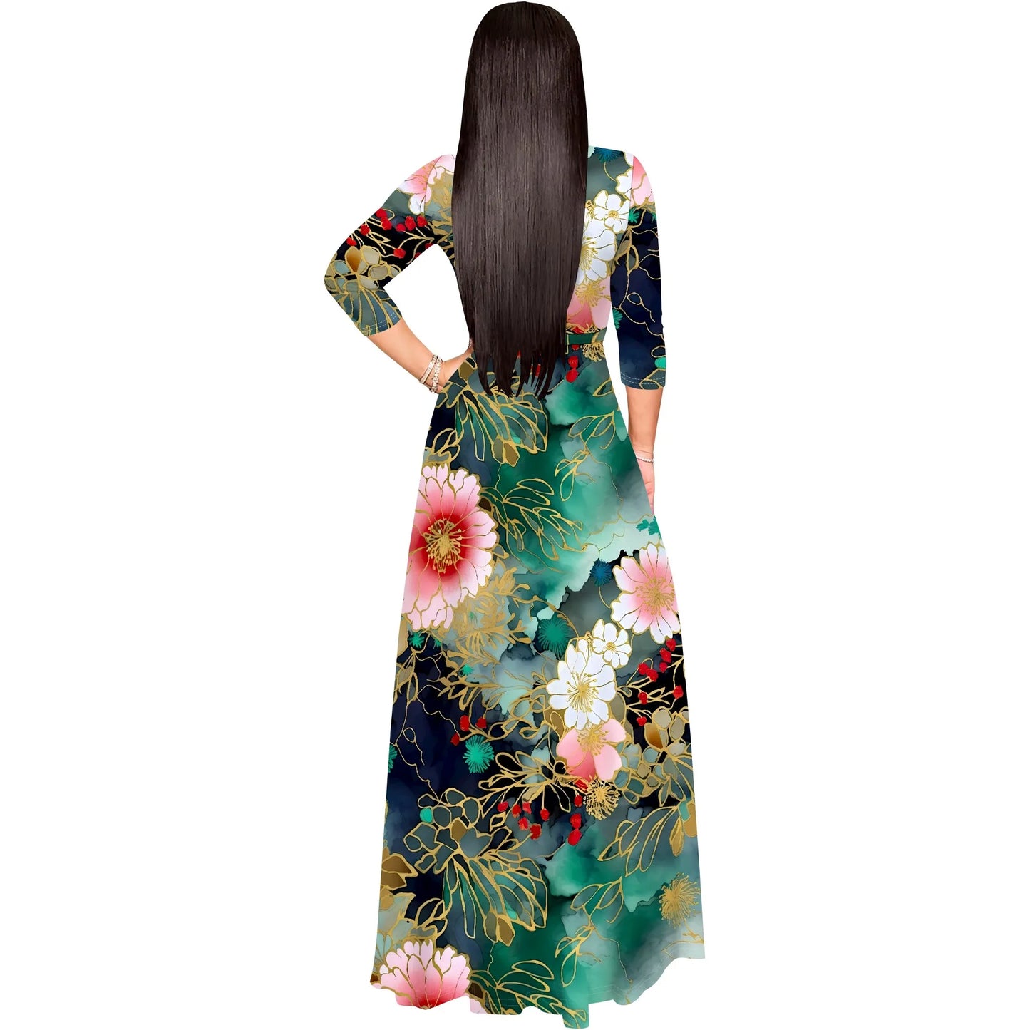 🍒Womens plus size maxi dresses boho print 3/4 sleeves outfit for smart casual beachwear party clothes swing style with belt Girl Power Flower