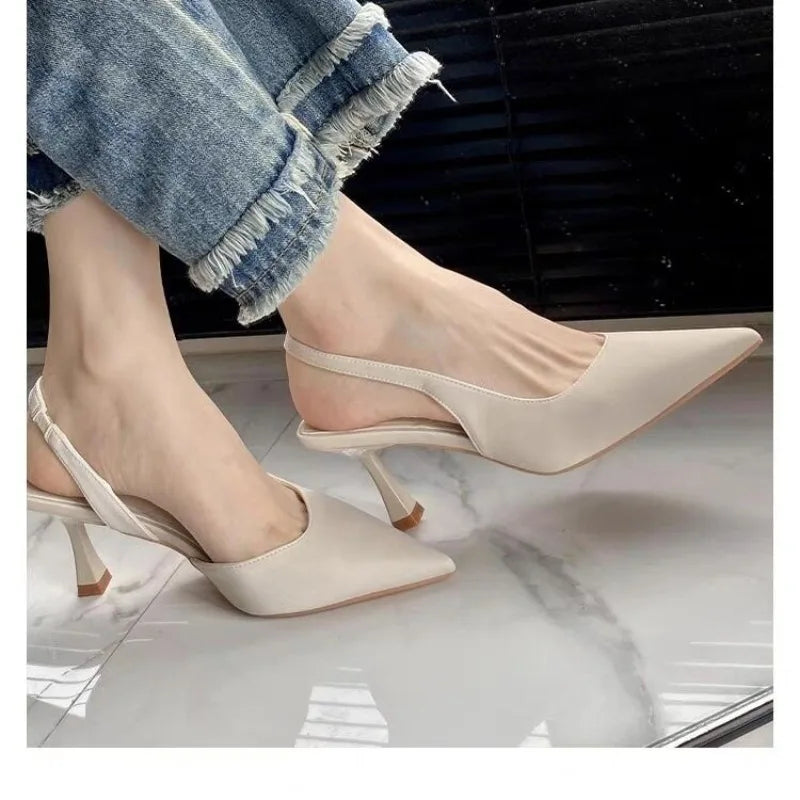 🍒Women's summer shoes fashion high heels pointed toe stiletto mid heel open back sandals evening party shoes No slipping Back On Quality Sling Back With These Sling Backs