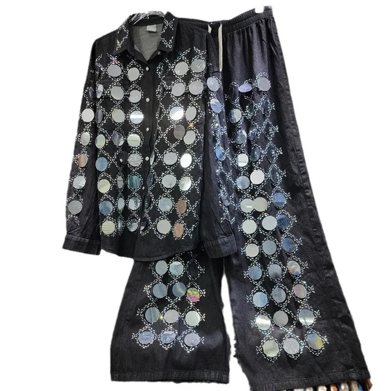 🍒Denim shirt big sequin Jacket plaid tops occasion partywear and matching high waist wide legs denim pants two piece sets women Dynamic Denim